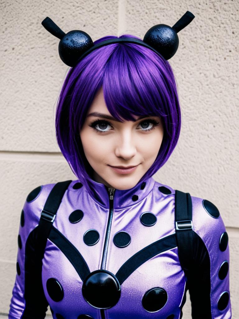Woman in Photorealistic Purple Miraculous Ladybug Costume Cosplay