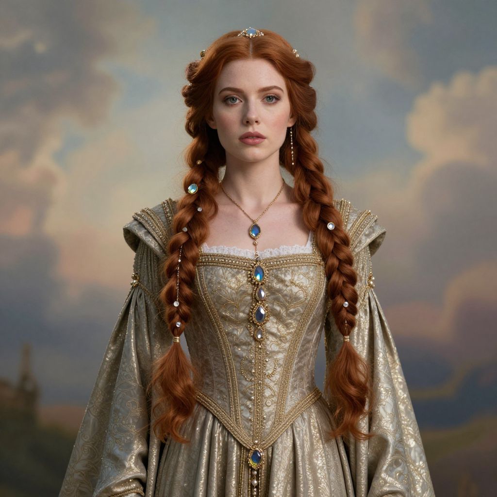 Renaissance Woman in Ornate Gold Gown with Braided Red Hair