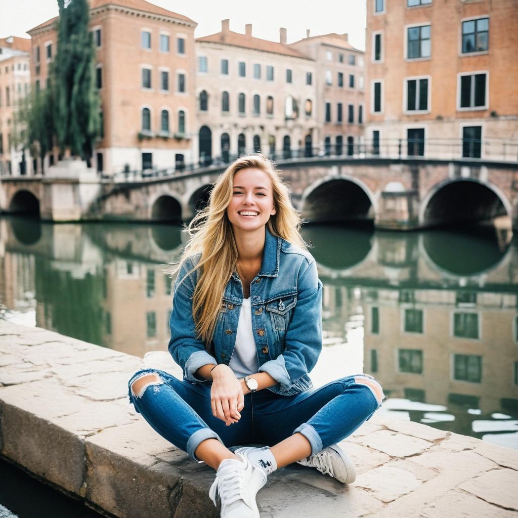 Young Woman Relaxing by Canal in European City with Historic Architecture
