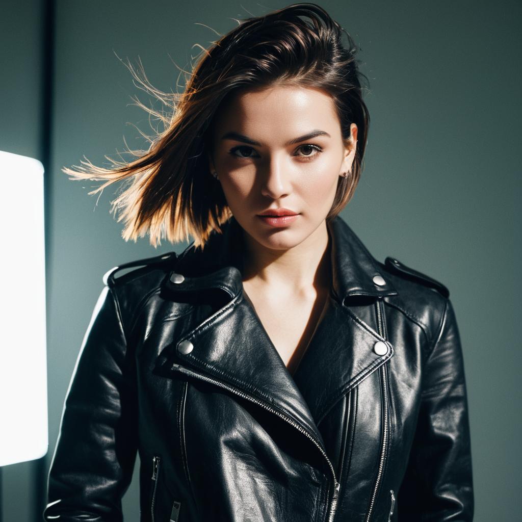 Confident Young Woman in Black Leather Jacket Portrait