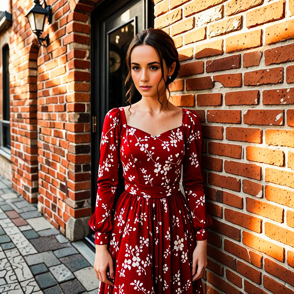 Woman in Red Floral Dress Against Brick Wall