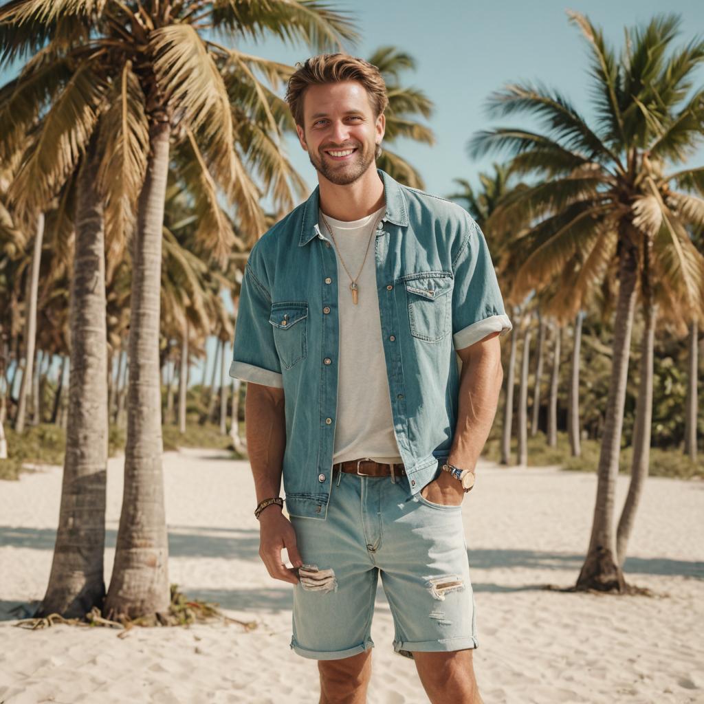 Smiling man in denim shirt and shorts among palm trees