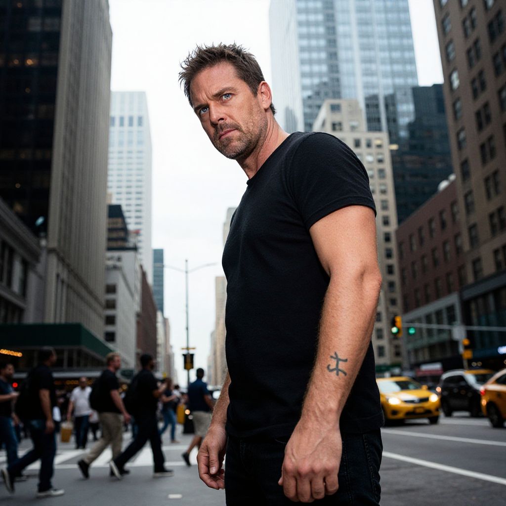 Confident Man Standing in Busy City Street Amid Skyscrapers
