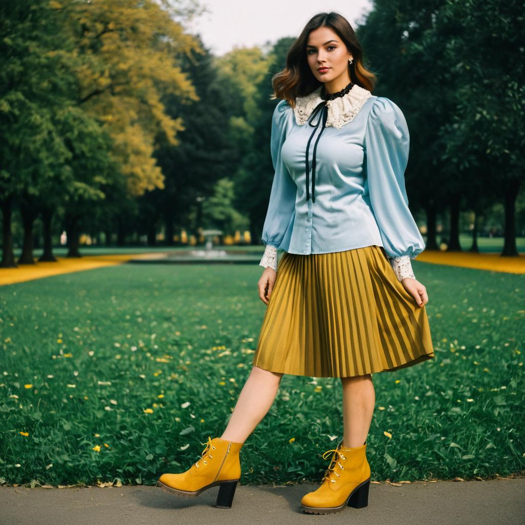 Young Woman in Vintage-Inspired Outfit Posing in Park with Mustard Skirt and Blue Blouse