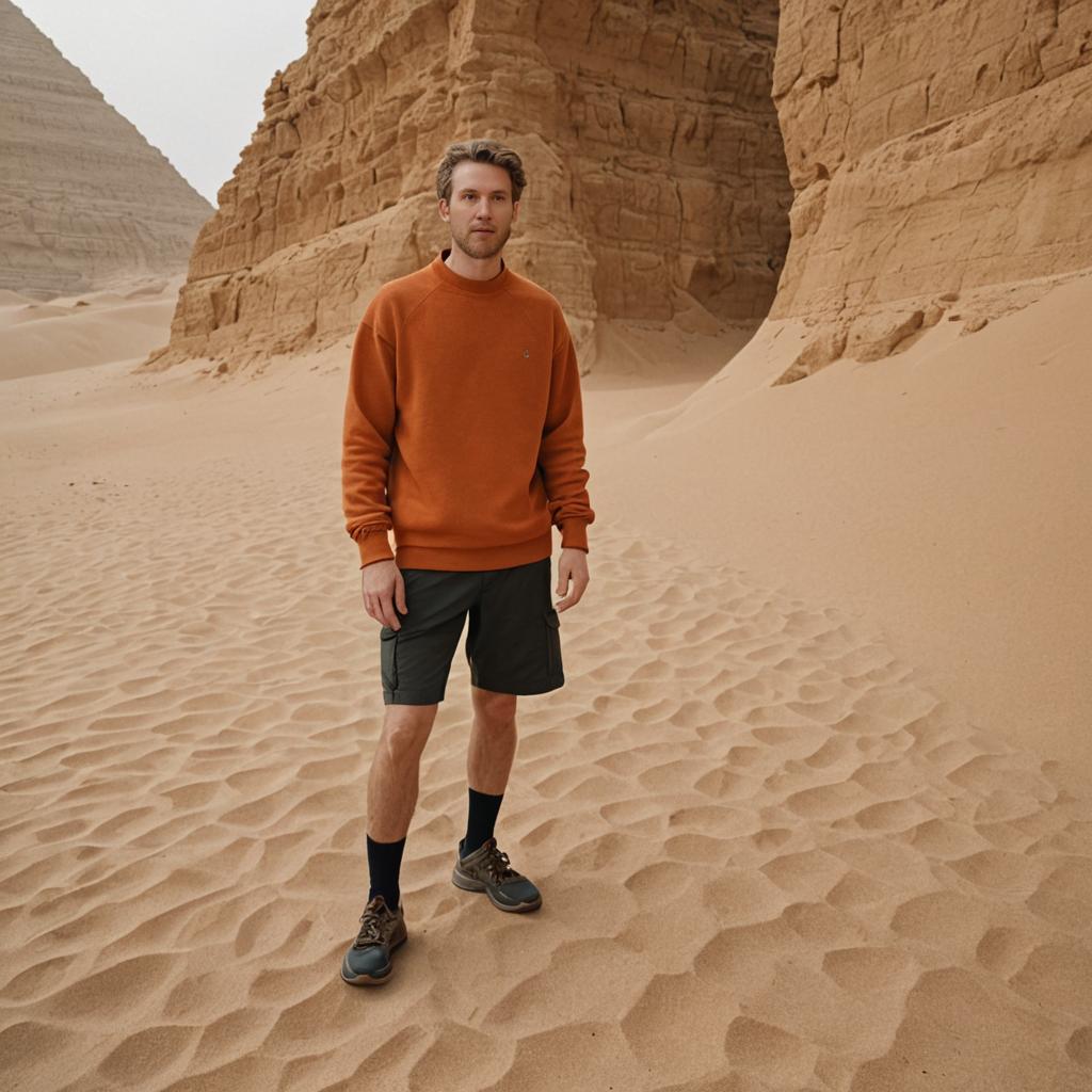 Confident Man in Desert - Orange Sweater & Black Shorts