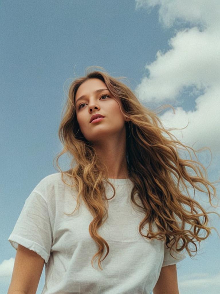 Portrait of a Woman with Flowing Hair Against a Serene Sky