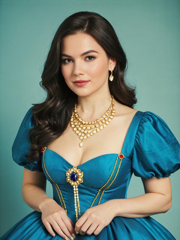 Woman in Blue Vintage Fairytale Costume with Gold Necklace