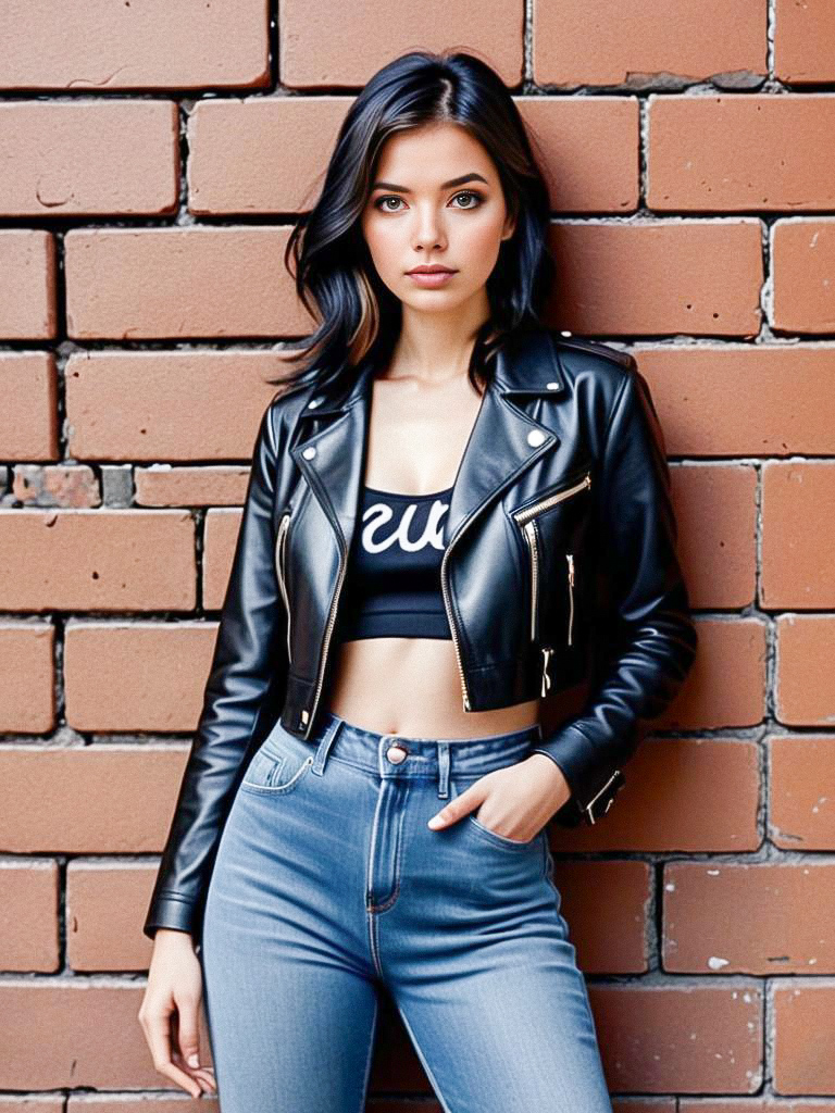 Stylish Young Woman in Leather Jacket Against Brick Wall Stylish Young Woman in Leather Jacket Against Brick Wall