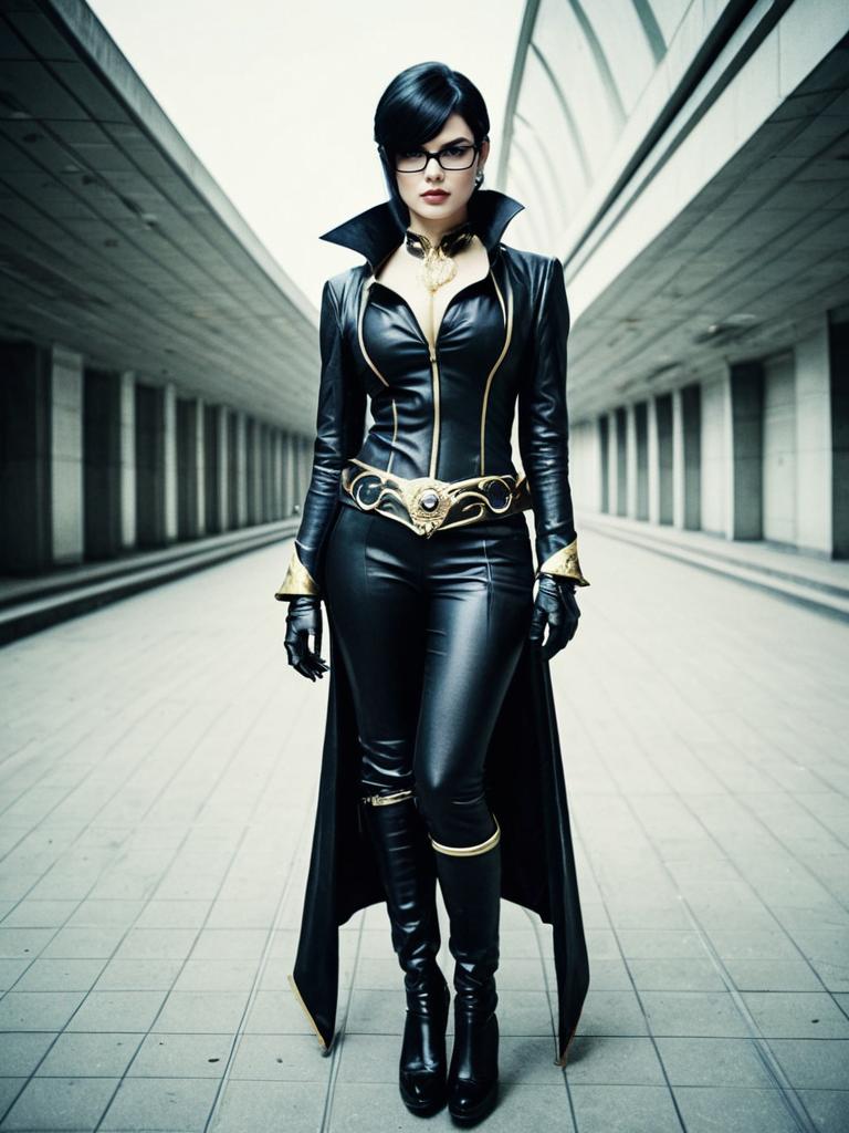 Woman in Realistic Bayonetta Character Cosplay Costume Photo