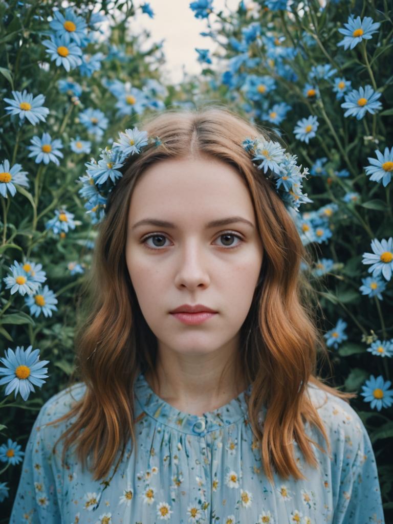 Serene Young Woman in Pastel Floral Scene