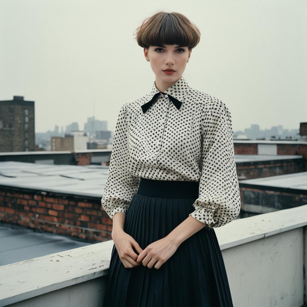Fashion Portrait of Woman with Bowl Haircut and Polka Dot Blouse on Rooftop