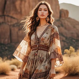 Confident Woman in Bohemian Dress in Desert