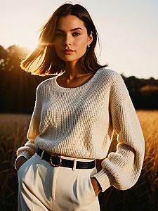Young Woman in Cozy Knit Sweater and White Trousers at Sunset Outdoors