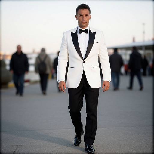 Man Wearing White Tuxedo Jacket with Black Lapels Walking Outdoors