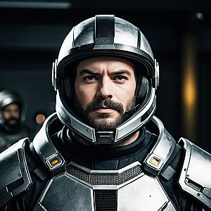 Man in Futuristic Silver Metallic Armor Helmet and Space Suit