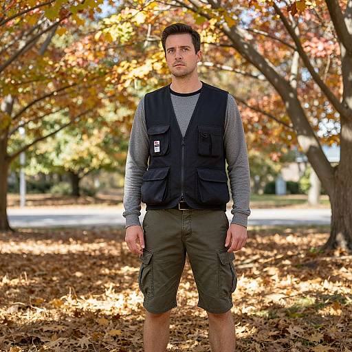 Man in Cargo Shorts and Utility Vest Standing in Autumn Park
