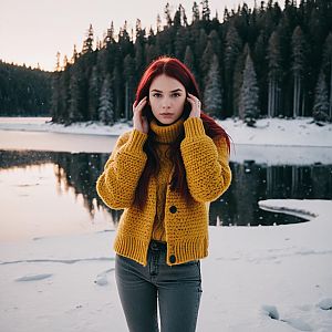 Young Woman by Snowy Lakeside at Sunset