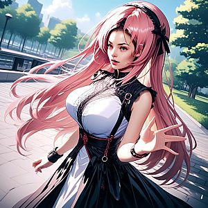 Woman with Pink Hair in Urban Landscape