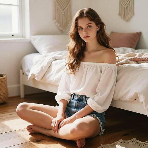 Young Woman in Off-Shoulder Top and Denim Shorts Sitting in Cozy Bedroom