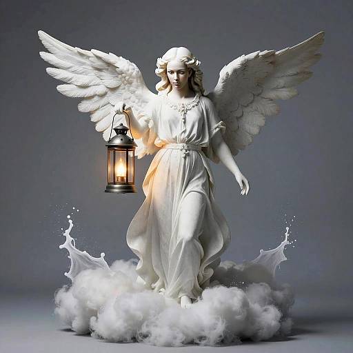 Elegant Woman Angel Statue Holding Lantern on Cloud