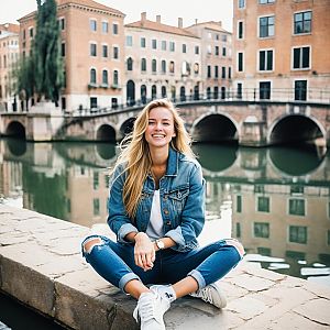 Young Woman Relaxing by Canal in European City with Historic Architecture