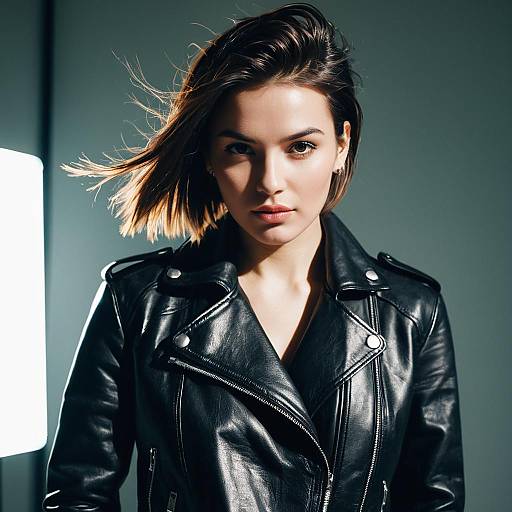 Confident Young Woman in Black Leather Jacket Portrait