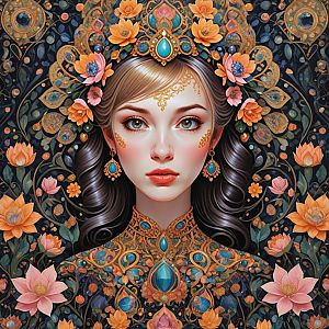 Elegant Woman in Golden Jewelry with Blue Gemstones