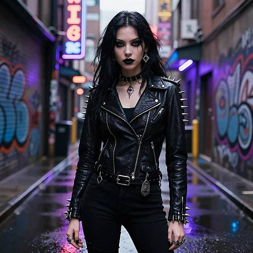 Gen Z Goth Woman in Spiked Leather Jacket with Neon Urban Background