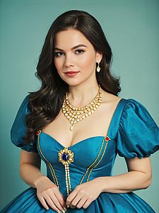 Woman in Blue Vintage Fairytale Costume with Gold Necklace
