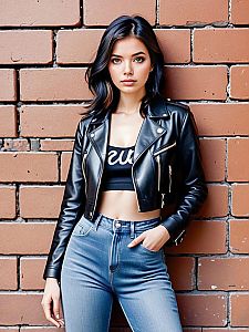 Stylish Young Woman in Leather Jacket Against Brick Wall