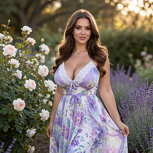 Woman in Floral Lavender Dress in Sunlit Garden