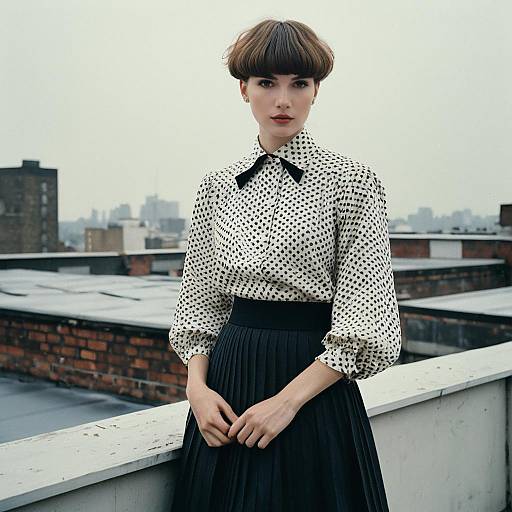 Fashion Portrait of Woman with Bowl Haircut and Polka Dot Blouse on Rooftop