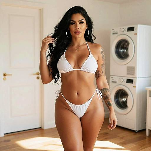 Woman in White Bikini Posing Indoors by Washer Dryer