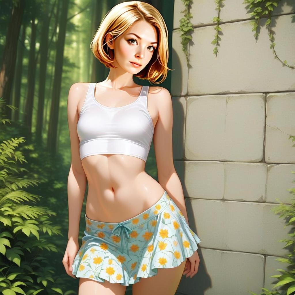 Woman in Floral Skirt Against Stone Wall Woman in Floral Skirt Against Stone Wall
