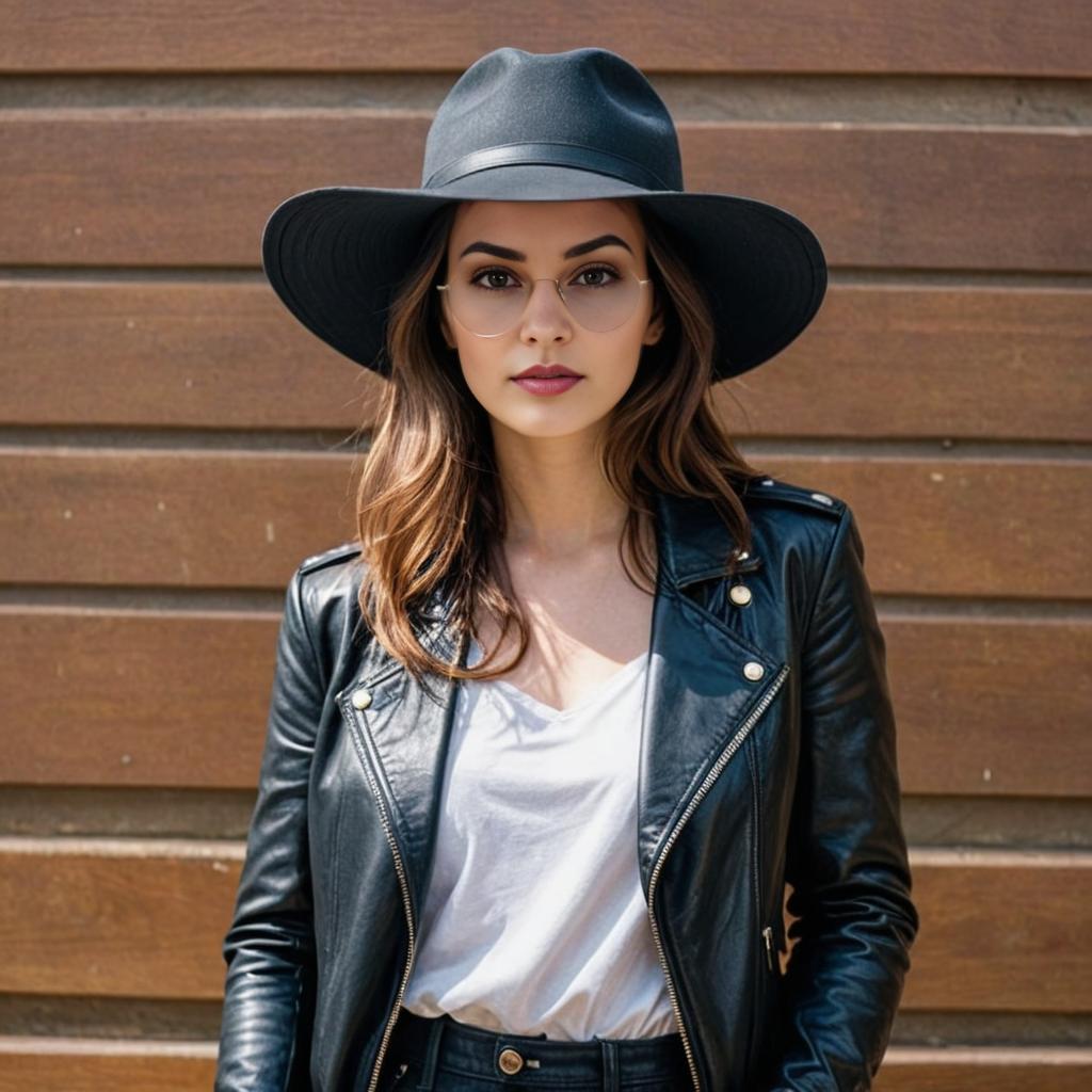 Stylish Woman in Leather Jacket and Wide-Brimmed Hat