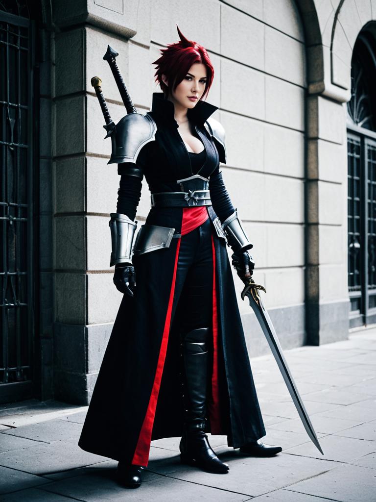 Cait Sith FF7 Female Cosplay with Sword and Armor in Urban Setting
