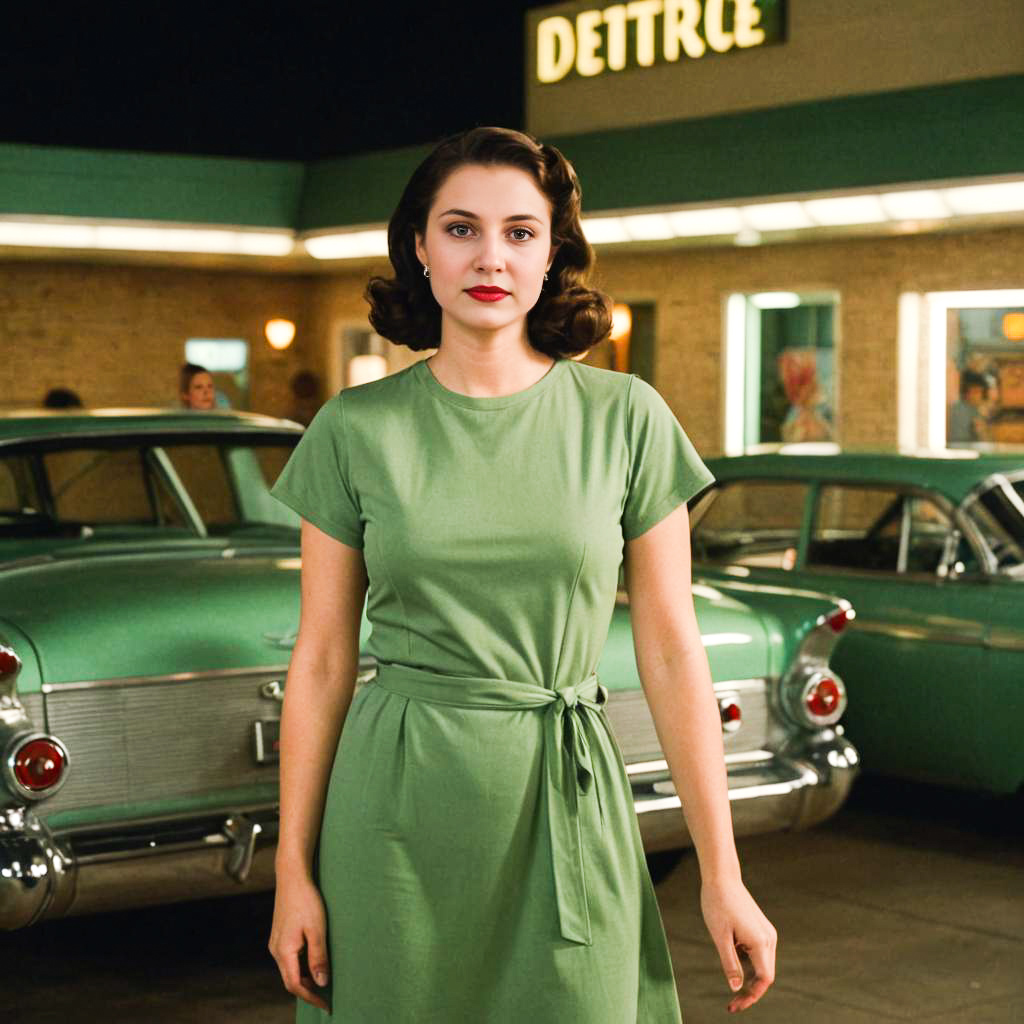 Stylish Woman in Vintage Green Dress with Classic Cars