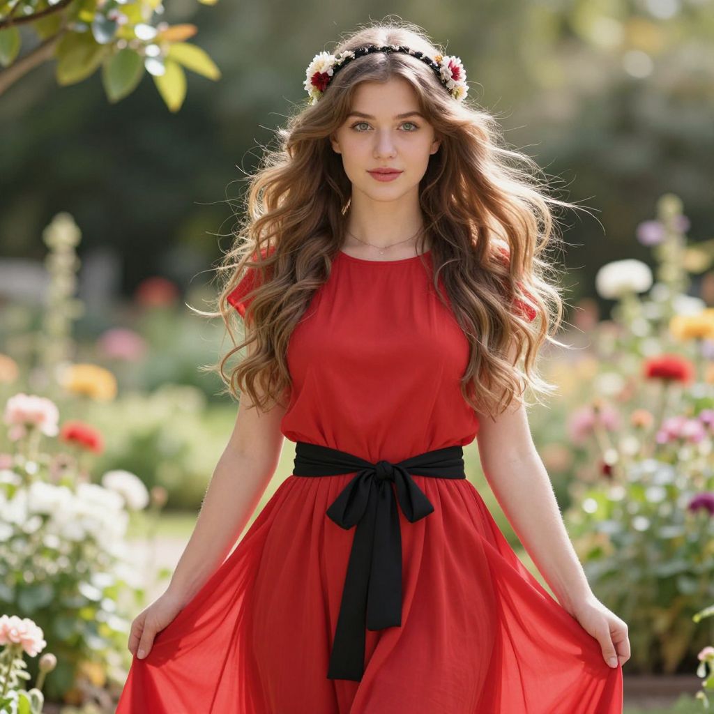 Young Woman in Red Dress with Floral Headband in Garden
