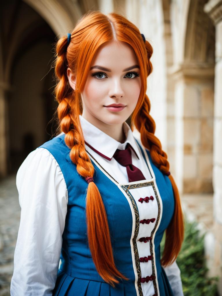 Red-Haired Woman in Traditional Blue Dress with Braids Outdoors