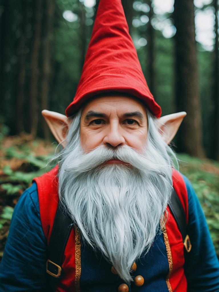Whimsical Photorealistic Portrait of Man in Gnome Costume with Red Hat