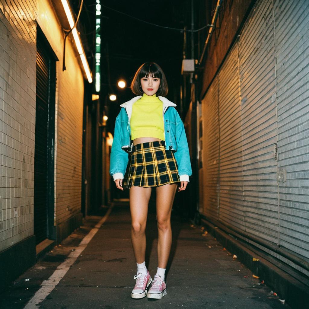 Young Woman in Vibrant Street Fashion Standing in Urban Alley at Night