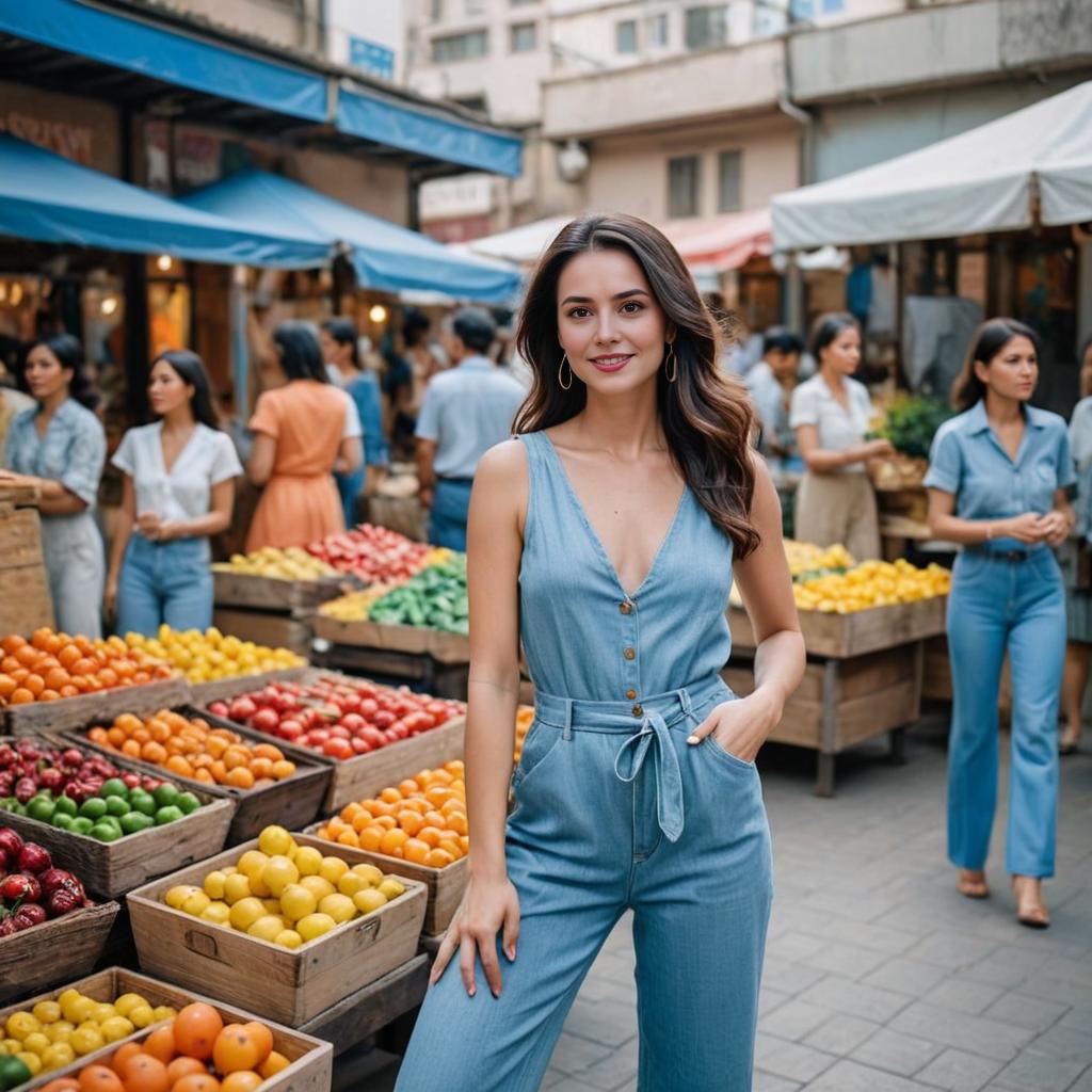 Confident Woman in Denim Jumpsuit at Vibrant Market