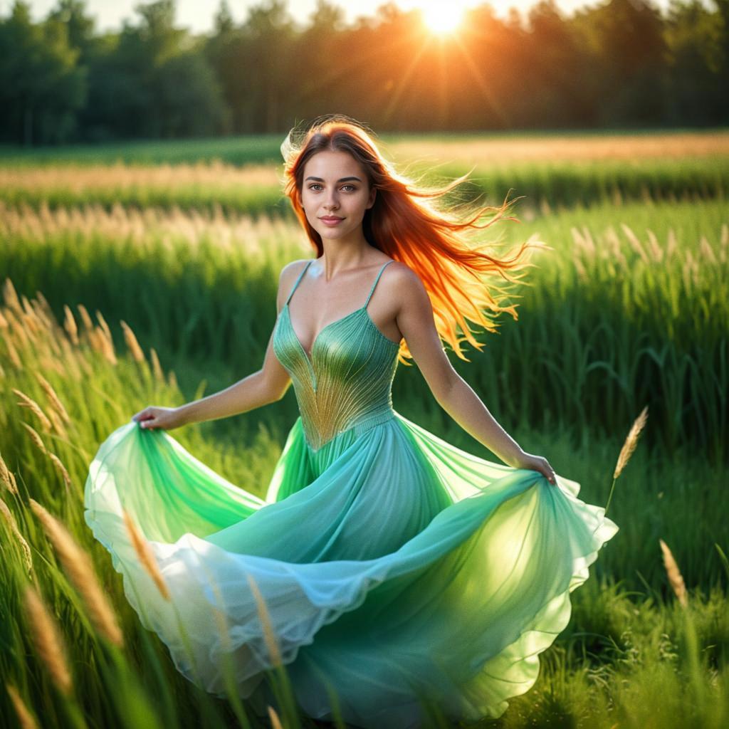 Woman in Green Dress Twirling at Sunset