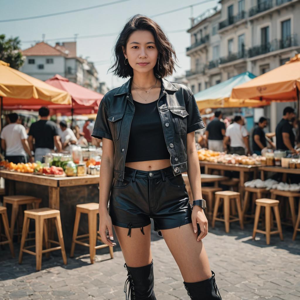 Confident Young Woman in Trendy Black Outfit at Market