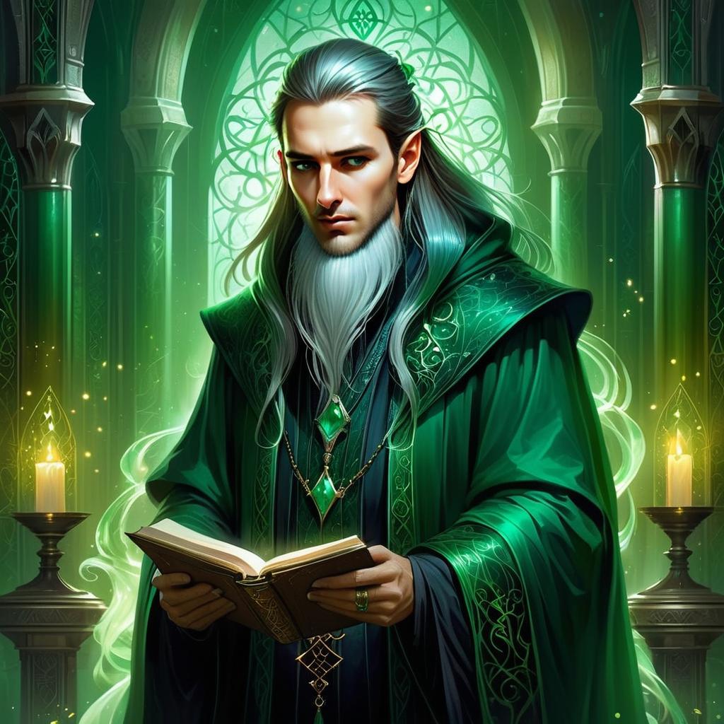 Mystical Man in Green Robe Reading Ancient Tome