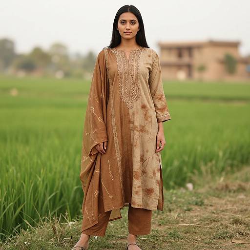 Traditional Brown Embroidered Kurta Set Worn by Woman in Green Field