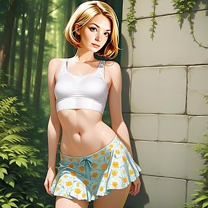 Woman in Floral Skirt Against Stone Wall