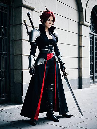 Cait Sith FF7 Female Cosplay with Sword and Armor in Urban Setting