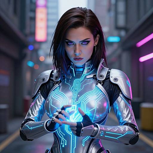 Cyberpunk Woman in Glowing Futuristic Armor in Neon City