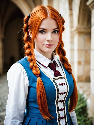 Red-Haired Woman in Traditional Blue Dress with Braids Outdoors